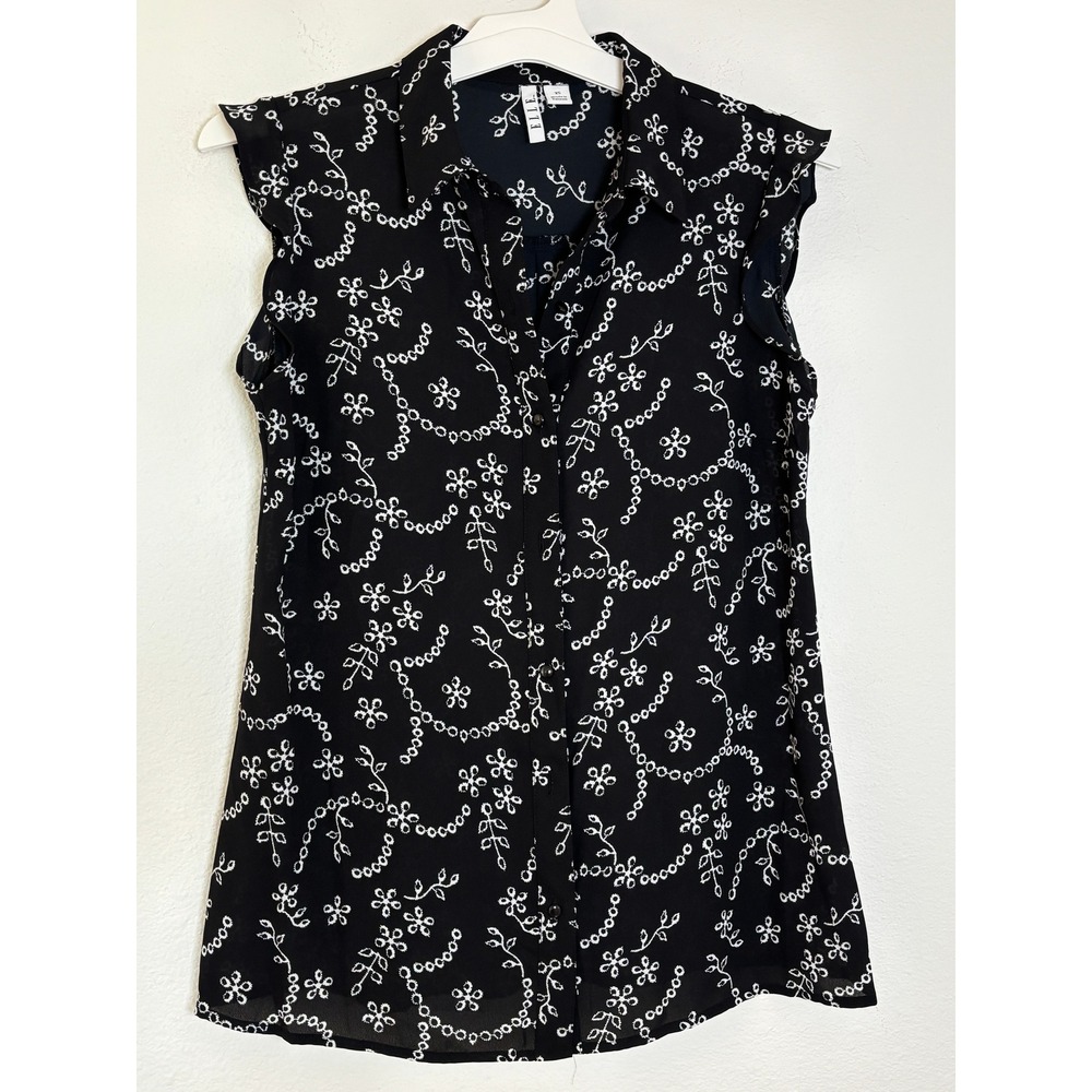 Elle Womens Black White Floral Sleeveless Button Down Blouse Ruffle Trim XS